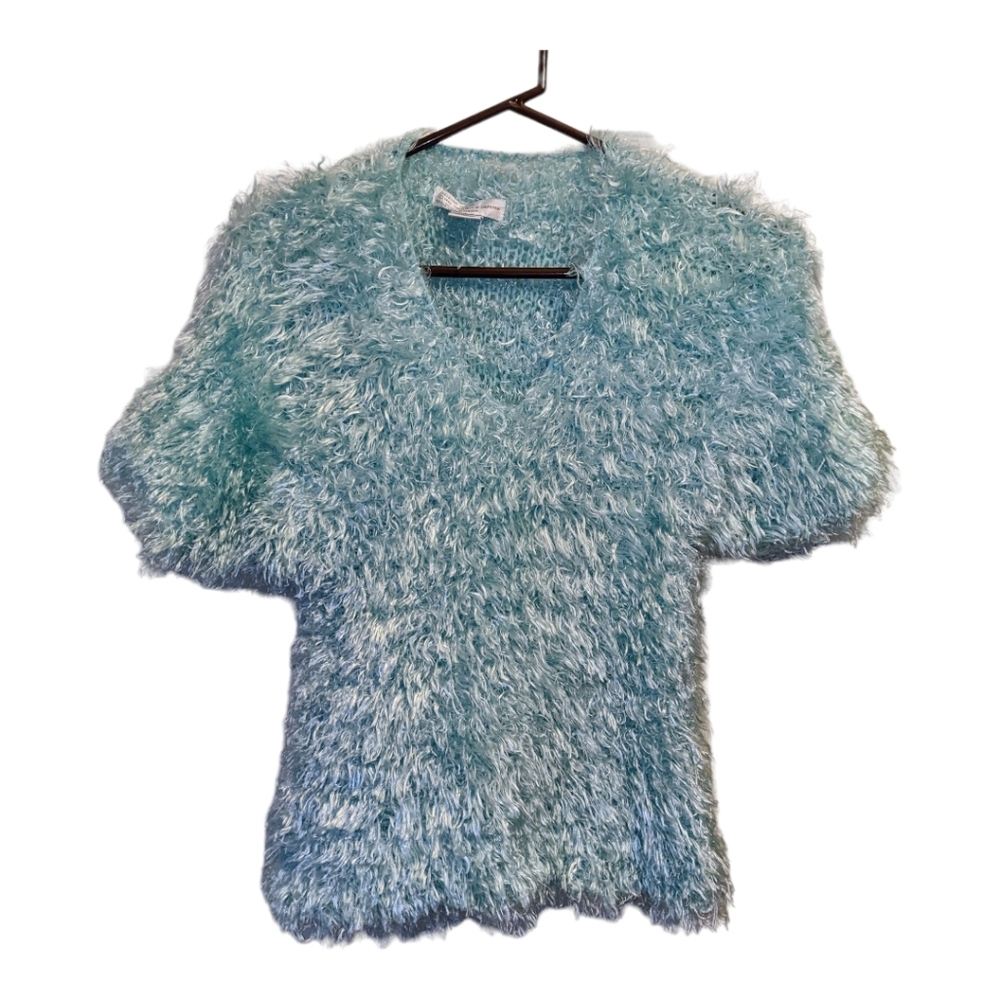 Vintage Hand Crochet Shaggy Baby Blue Sweater Size Medium